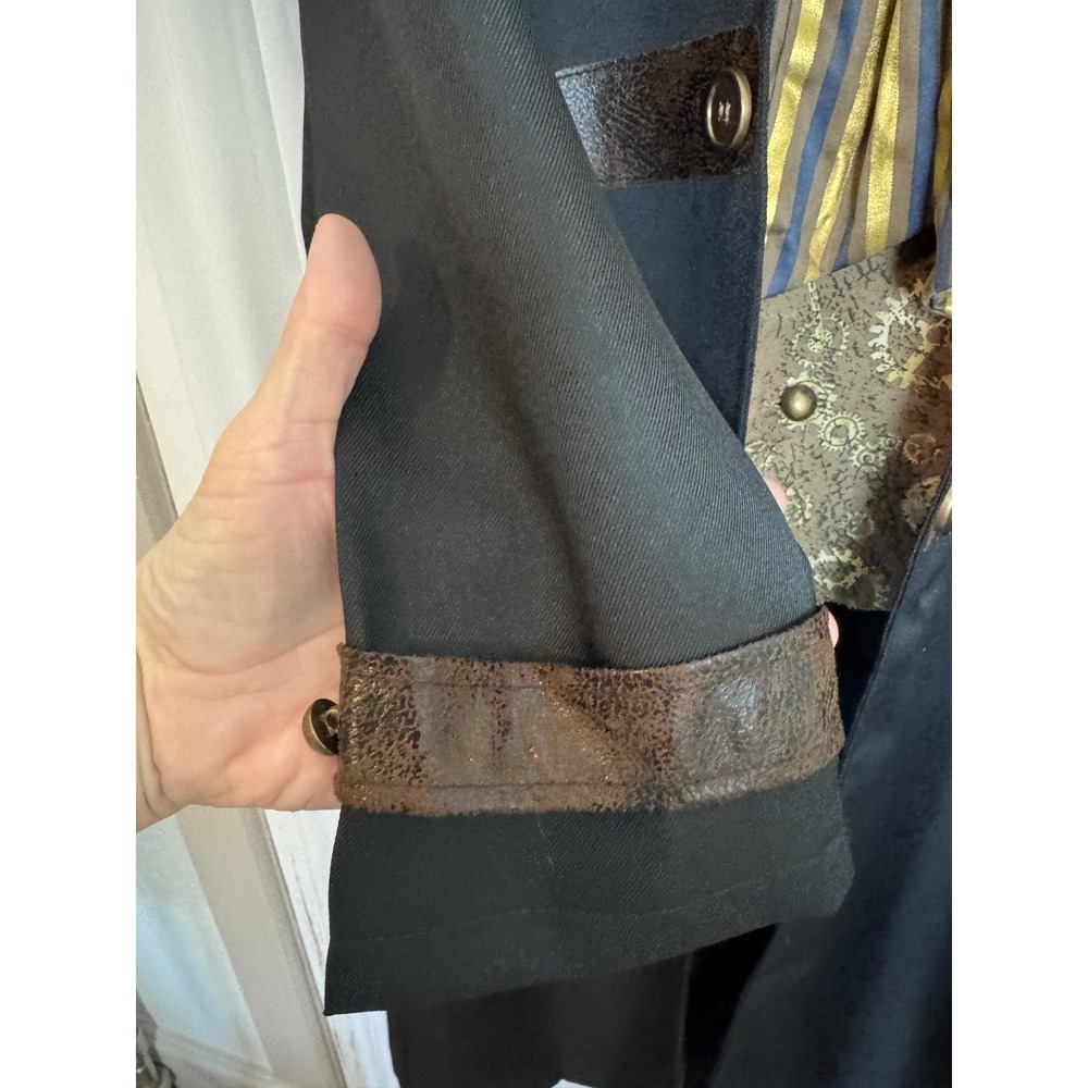 Steampunk Victorian Mens Costume Long Coat Vest Cravat Gear Details Black Gold - Picture 7 of 15